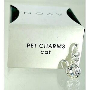 Avon Pet Charms Cat OS Silver NIB Clear Crystal Rhinestone Sitting Kitty Pendant
